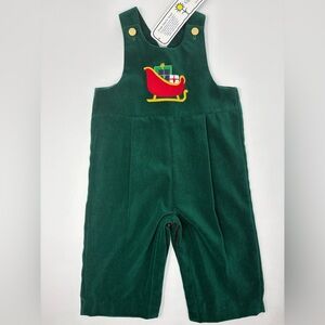 FLORENCE EISEMAN: Green Velvet Sleigh Longalls, Overalls. Romper. 12M. NEW